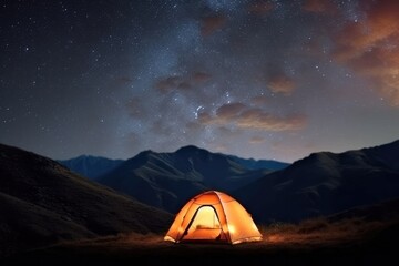Wall Mural - Illuminated camp tent under a view of the mountains and a starry sky. Generative AI