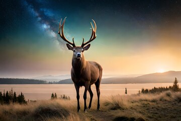 A majestic deer standing gracefully in the sunset - Generative AI Technology