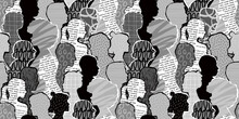 Gray Scale Diverse People Crowd Abstract Art Seamless Pattern. Multi-ethnic Person Gray Color Community Team, Retro Cultural Diversity Group Background Illustration In Black And White. 