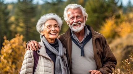 Active seniors taking selfies of them having fun outside in the autumn forest Generative AI