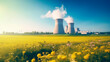 Cooling towers of a nuclear power plant in beautiful summer landscape. Generative ai edited