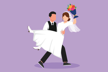 Wall Mural - Cartoon flat style drawing man holding beautiful woman wearing wedding dress with bouquet. Boy in love giving flowers. Happy couple getting ready for wedding party. Graphic design vector illustration