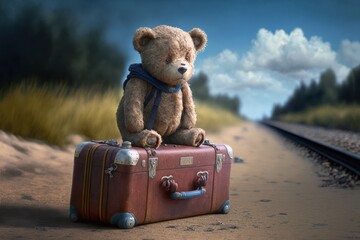 teddy bear with a suitcase on the roard. travel tourism concept. generative ai