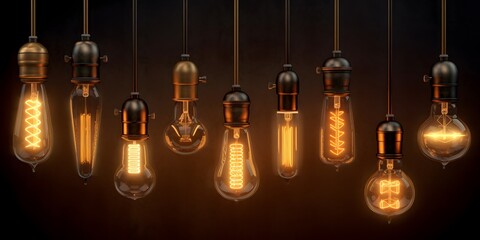 Cafe or restaurant decoration details. Set of vintage glowing light bulbs, loft interior Generative AI