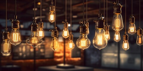 Cafe or restaurant decoration details. Set of vintage glowing light bulbs, loft interior Generative AI