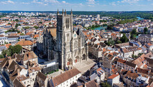 Aerial View Of The Saint Etienne Cathedral Of Meaux, A Roman Catholic Church Built In The 12th Century Near The Marne River In The Department Of Seine Et Marne Near Paris, France