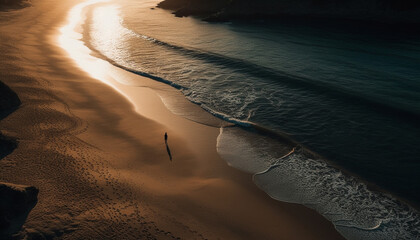 Poster - Silhouette walking on waters edge at sunset generated by AI