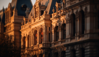 Poster - Gothic architecture illuminates old city streets at dusk generated by AI