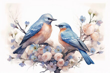 Pair Of Blue Birds In Spring Nature. Pastel Color Style In Blue Tones - Generative AI