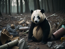 Panda Bear In The Middle Of The Garbage