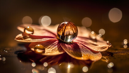 Poster - Shiny dew drop on wet leaf reflects beauty generated by AI