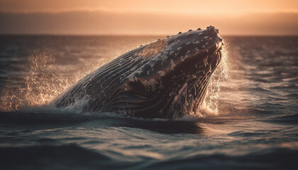 Wall Mural - Humpback whale splashing in the blue sea generated by AI