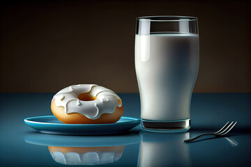 Wall Mural - Chocolate donut with a glass of milk on blue table. National Donut Day. Generative Ai