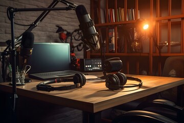 Wall Mural - stock photo a podcast studio room microphone ultra realistic professional photography ai generated