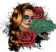 vector illustration of Sugar skull girl with flower roses and snake