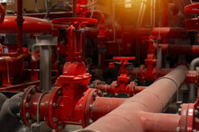 Engine And Valves. Gate Valve For Fire Protection In Plant Room.