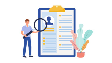 Wall Mural - human resources management, professional staff research, head hunter job with magnifying glass. job 