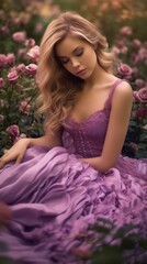 Wall Mural - A gorgeous woman wearing a purple dress in a field full of flowers ai, ai generative, illustration