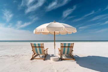 Wall Mural - Beach chairs and umbrella on a white sandy beach. Generative AI