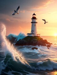 AI generated image of a lighthouse of the coast at sunset