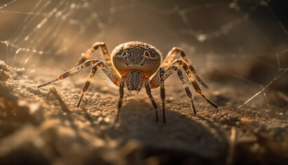 Wall Mural - Hairy spider crawling on dewy spider web generated by AI