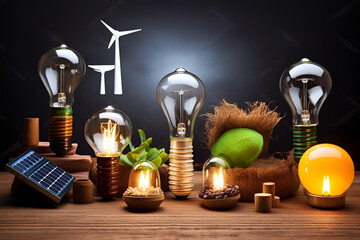 Environmental protection, renewable, sustainable energy sources. Light bulb represents green energy . Generation AI