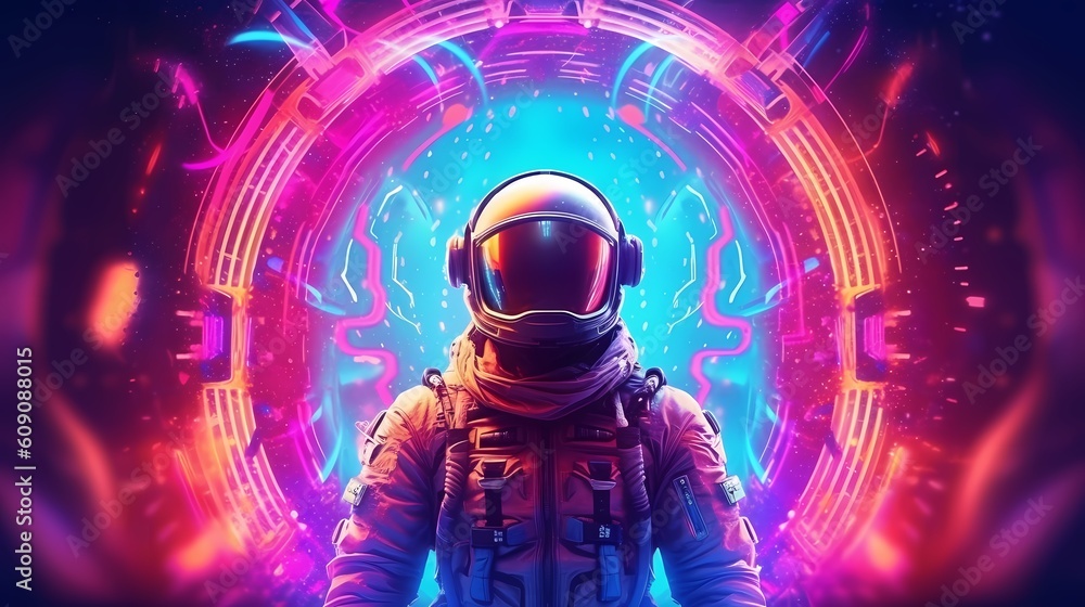 Psychedelic Retro Wave Astronaut in Neon Tubes Light. Pink Blue Violet ...