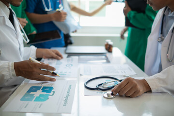 Wall Mural - concept of mobilizing ability of medical team in conference room to diagnose and treat disease correctly. medical team joins meeting and discusses  patient illness in order to treat it correctly