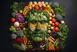 Fototapeta Kuchnia - Man face portrait composed and made of vegetables and fruits, flat lay top view, food art styling. Creative food concept. 