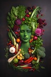 Fototapeta Kuchnia - Woman face portrait composed and made of vegetables and fruits, flat lay top view, food art styling. Creative food concept. 