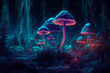 Magical hallucinogenic mushrooms glowing in dark forest at night. Generative AI.