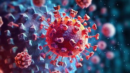 Wall Mural - covid-19 banner illustration, microscopic view of floating influenza virus cells, Generative Ai
