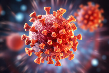 Wall Mural - covid-19 banner illustration, microscopic view of floating influenza virus cells, Generative Ai