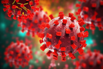 Wall Mural - covid-19 banner illustration, microscopic view of floating influenza virus cells, Generative Ai