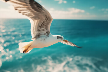 Close-up of a seagull flying high in the sky above blue ocean. Super wide lens shot of seagull with natural blue background. Generative AI.