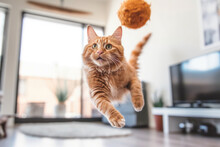 Ginger Cat Jumping Around Playing With A Cat Toy At Home. Having Fun With Pets Indoors. Super Wide Angle Shot. Generative AI.