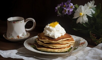 Poster -  a stack of pancakes on a plate with whipped cream on top.  generative ai