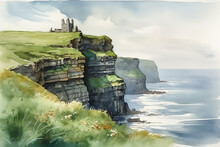 Watercolor Illustration Of A Scenic Irish Landspace. Generative AI.
