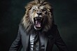 The King of the Jungle: A Mad Roaring Lion in an Expensive Grey Business Suit