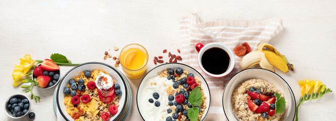 Healthy breakfast set. The concept of delicious and healthy food.