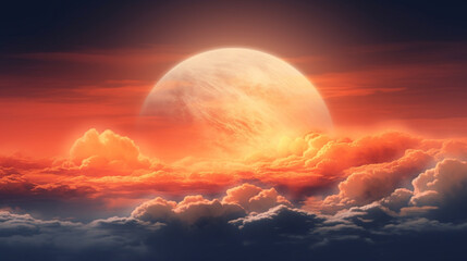 Wall Mural - Bright orange moon behind the clouds. Generative AI