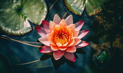 Canvas Print -  a pink and orange flower floating on top of a pond.  generative ai