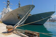 Motril, Granada-Spain; May 31 - 2023: Two warships of the Spanish navy docked in parallel in the harbour on the occasion of the Spanish Armed Forces Day