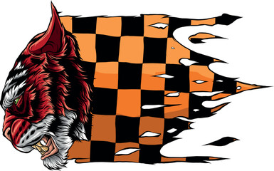 Sticker - vector illustration of tiger head with race flag