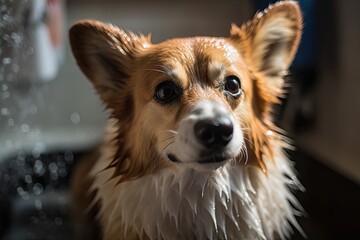 Wall Mural - Welsh Corgi Pembroke in a shower. AI Generated