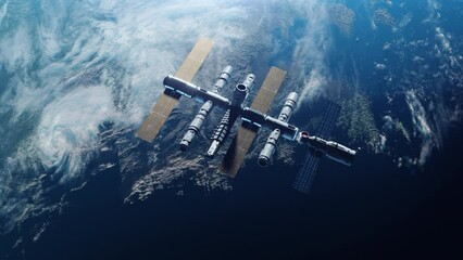 Wall Mural - docking of a spacecraft with a space station in orbit planet earth