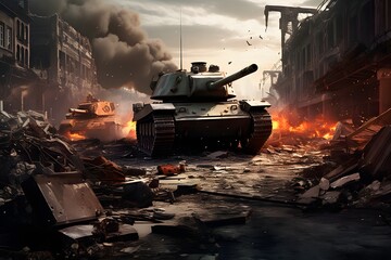 Wall Mural - Tank in on fire on the battle field, AI generated