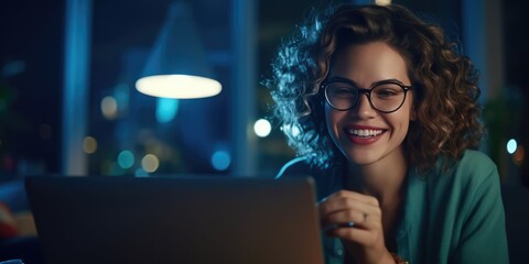 Happy young businesswoman freelancer working on computer laptop at the night at home, using laptop software, web surfing information or shopping, generative ai