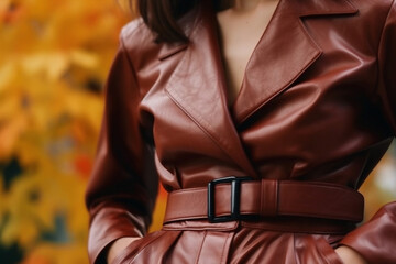 Wall Mural - Close up fashion details of dark brown classy leather jacket with belt. Fancy women's clothing. Fashion cloth concept