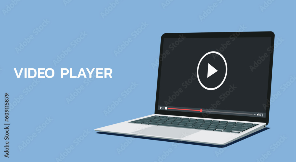Video Playing On Computer Screen video player icon on laptop computer screen, concept of webinar ...
